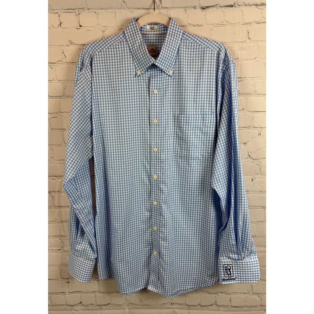 PETER MILLAR white blue cotton mens nanoluxe easycare check logo dress shirt L